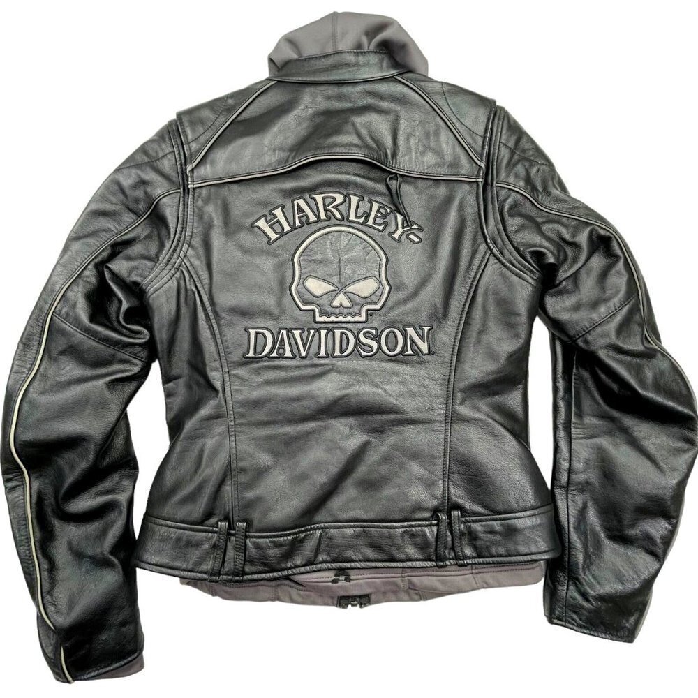 Harley Davidson Women Reflective Willie G Skull Leather Jacket W/ Hoodie EUC S - Picture 1 of 6